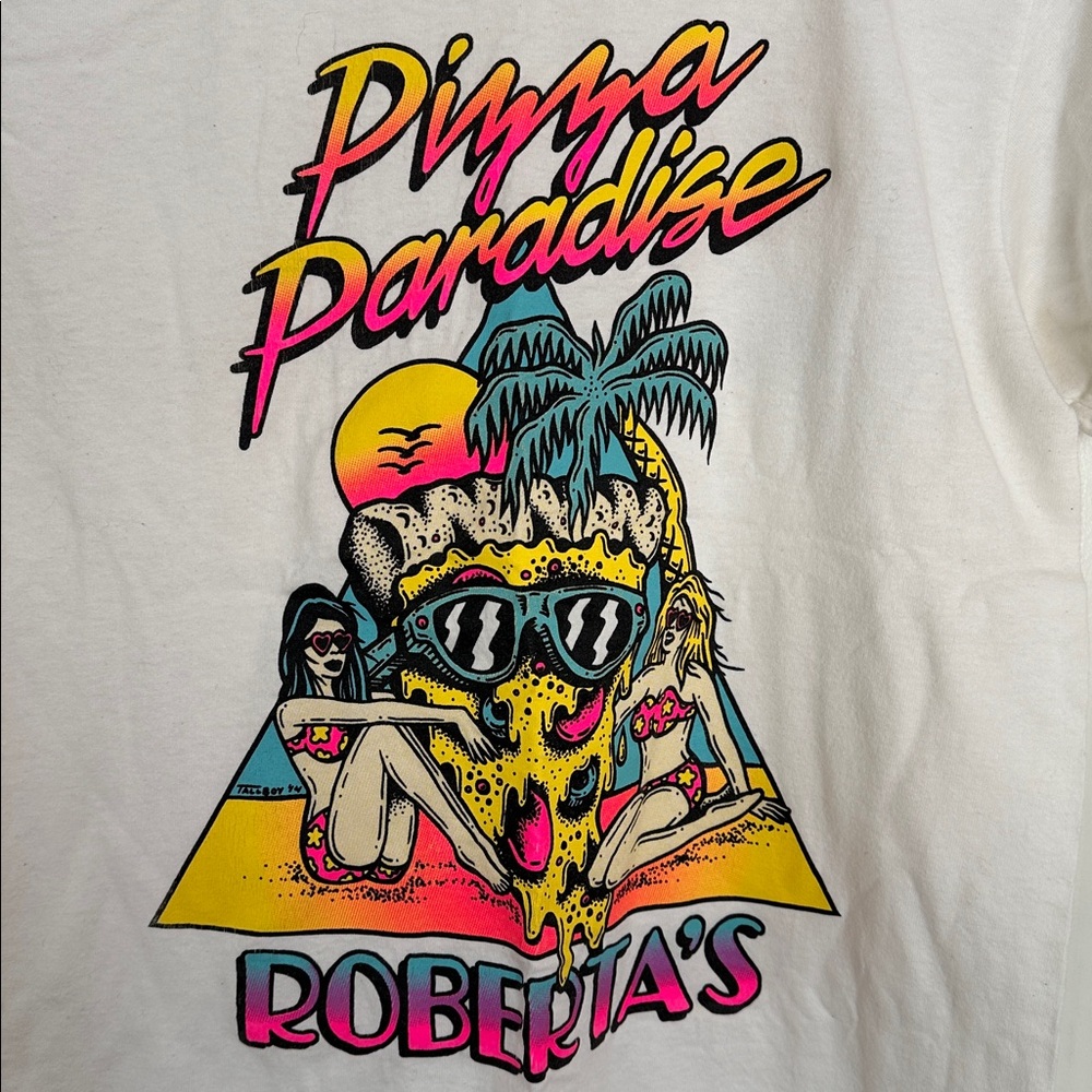 Roberta’s Pizza Paradise Neon 90s Beach Graphic Shirt - Picture 2 of 4